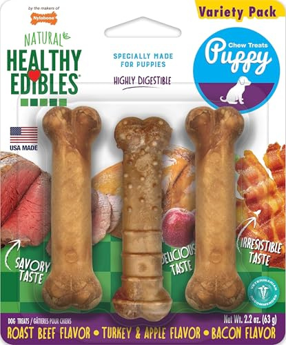 Nylabone Healthy Edibles Natural Puppy Chews Long Lasting Treats for Puppies, Roast Beef, Apple & Bacon Flavor, X-Small/Petite (3 Count)