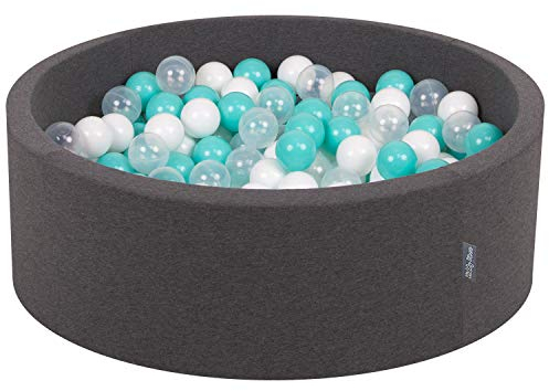 KiddyMoon Bällebad 90X30cm/300 Bälle ∅ 7Cm Bällepool Mit Bunten Bällen Für Babys Kinder Rund, Dunkelgrau:Helltürkis/Weiß/Transparent