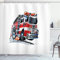 ABAKUHAUS LKW Duschvorhang, Feuerwehr LKW, Stoffliches Gewebe Badezimmerdekorationsset mit Haken, 175 x 200 cm, Babyblau Scharlachrot