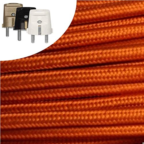 Textilkabel, Stoffkabel, Verlängerung 5 METER Farbe Orange 3 adrig 3 x 0,75 mm² rund wahlweise mit Schukostecker Globe Warehouse® (5 mtr. Schukostecker Standard gold)