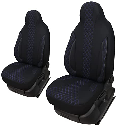 Maß Sitzbezüge Schonbezüge Pilotsitze Fahrer & Beifahrer Set kompatibel mit Wohnmobil FIAT Ducato, Pössl, Knaus, Adria, Carthago, Pilote Laika WPL406 Schwarz/Blaue Naht