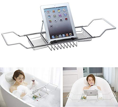 WING Pont de Baignoire Metal, Acier INOX Baignoire Plateau Extensible rétractable Étagères de Salle de Bain avec Livre Reste,argenté, 63.5-98 cm
