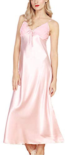 ORANDESIGNE Lingerie Femme Sexy Robe de Chambre Chemise de Nuit en Satin Pyjama Peignoir Sling Dentelle Col V Longue Robe de Nuit Rose 44