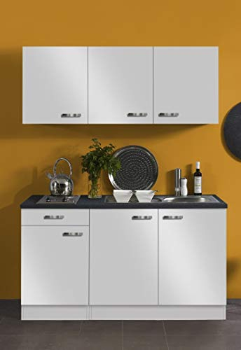 idealShopping Singleküche Lagos 150 cm breit in weiß glänzend mit Kochmulde und Einbauspüle in Edelstahl