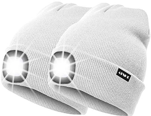 ATNKE 2Pcs Neue Warme LED beleuchtete Mütze,Unisex USB wiederaufladbare Laufmütze Ultra Bright 4 LED wasserdichte Lichtlampe Mehrfarbig/White