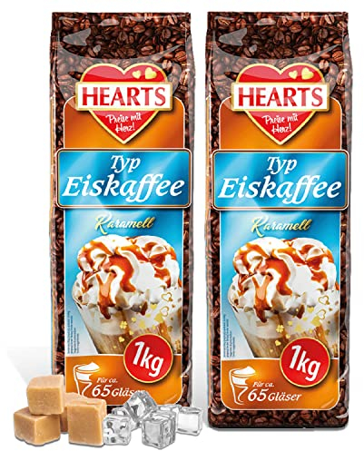 HEARTS Eiskaffee Karamell 2er Pack x 1 kg, Intant Kaffee Pulver für Sommer, schnelle Zubereitung, löslich milchig cremig, reicht für 160 Tassen
