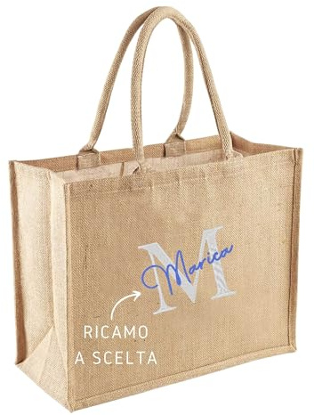 MAYRA Borsa Personalizzabile in Juta Laminata | Tote Bag Shopper per Mare, Spesa, Multiuso | Pochette in Iuta Naturale | Personalizzato con Ricamo Nome, Logo | Design Made in Italy