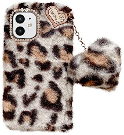 Uposao Compatible with iPhone 12 Mini Mobile Phone Case Fluffy Cute Leopard Plush Mobile Phone Case Winter Warm Protective Case with Crystal Rhinestone Love Heart Pendant for Women Girls, White