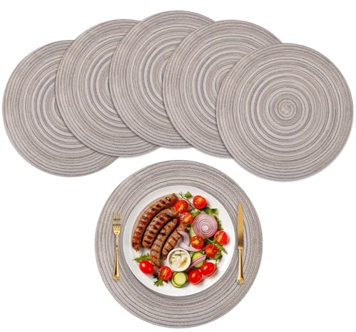 wiipara 6er Set Baumwolle Tischsets Abwaschbar, 38cm Platzsets Rund Geflochtene Platzdeckchen Platzset Rund Tischuntersetzer Platzteller Hitzebeständig für Küche Speisetisch Hochzeit (Regenbogen Grau)