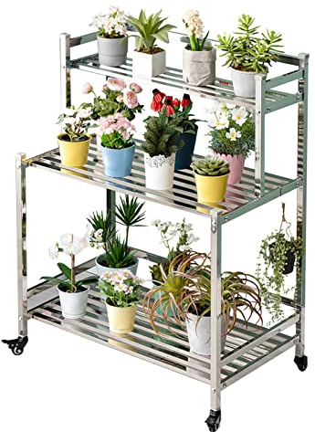 Pflanzentreppe Pflanzenständer Blumenständer Blumentöpfe Halter für Innen Außen Garten, Hoch Niedrig Tiered Blumentreppe Blumenbank Pflanzenregal, Edelstahl, lange 80cm / 100cm ( Size : 100x48x99cm )