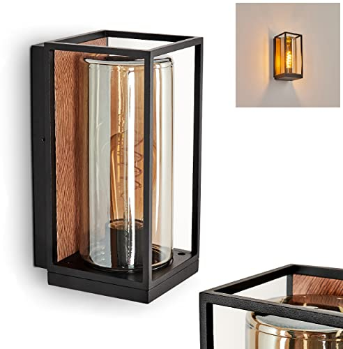 Außenwandleuchte Palanga, Außenleuchte aus Metall in Schwarz/Holzoptik/Braun u. 2 Gläsern (Rauchfarben/Klar), Wandlampe für Terrasse/Eingangsbereich, 1 x E27. ohne Leuchtmittel, mit tollem Lichteffekt