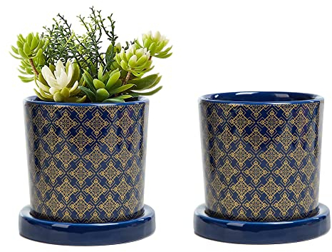 Nattol Ceramic Plant Pots with Drainage Hole and Saucer, Art Deco Round Ceramic Planters for Succulent with Modern Blue Moroccan Pattern, Set of 2