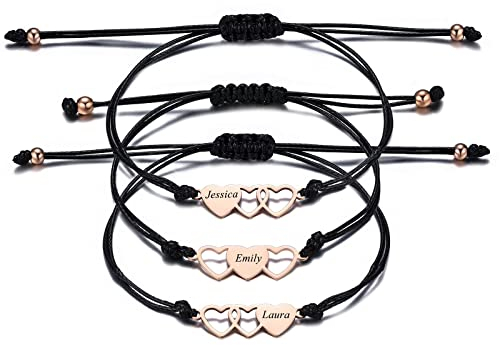 INBLUE Benutzerdefiniert Passendes Herz-Armband-Set, Personalisierter Name 3 Stück Edelstahl BFF Roségold Bester Freund-Armband-Set, Freundschaftsgeschenk für Schwestern Best Friends Besties Frauen