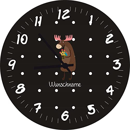 Shirtinstyle Kinderzimmeruhr mit Tiermotiv Hirsch Elch mit Wunschnamen Geschenk Uhr Kinder Handmade Wanduhr Wunschtext Name, 29cm, Farbe Schwarz