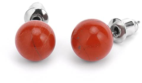 LODMLOER 8 Mm Naturstein-Ohrstecker – Runde Kristallquarz-Kugelperlen, Silberfarben, Einfache Ohrnägel, Modischer Ohrschmuck Für Frauen Und Mädchen, Roter Jaspis