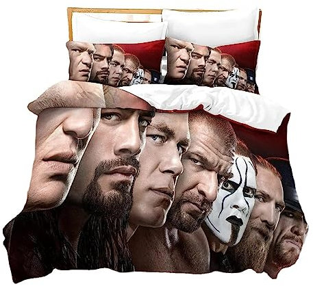 HEYBIG WWE World Bettwäsche-Set Für Kinder,echtes Wrestling-Schlafzimmer-Merchandise-Produkt,-Bettdeckenbezug Für Jungen Und Mädchen (A01,90x200cm+80x80cmx1)
