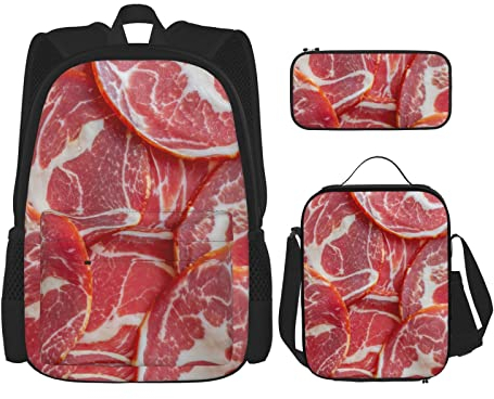 FJAUOQ 3 PCS Italian Prosciutto Parma Ham Backpack Set With Lunch Bag Pencil Case,Funny Food Pattern Backpack
