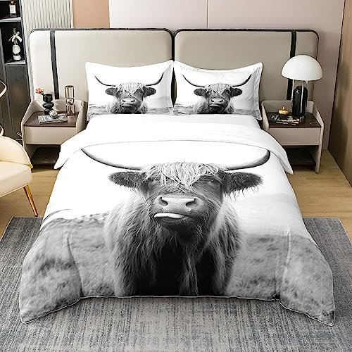 100% Gewaschene Baumwolle Highland Kuh Bettbezug für Cowboy Cowgirl,Bauernhof Tier Milch Bettwäsche Set 200x200,Lustige Nette Kuh Tröster Abdeckung,Wildlife Farm Tier Bett Sets mit 2 Kissenbezüge