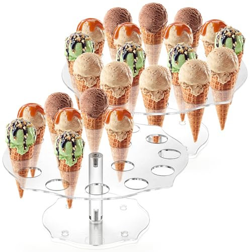 yarlung 2 Pack Ice Cream Cone Holder, 16 Holes Acrylic Waffle Cone Display Stand, Clear Hand Roll Sushi Popcorn Rack for Party Buffet Birthday Wedding
