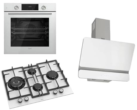 Ferre 60cm Electric Built-in Oven & Gas Hob & Chimney Cooker Hood Pack - Dual Plane - White