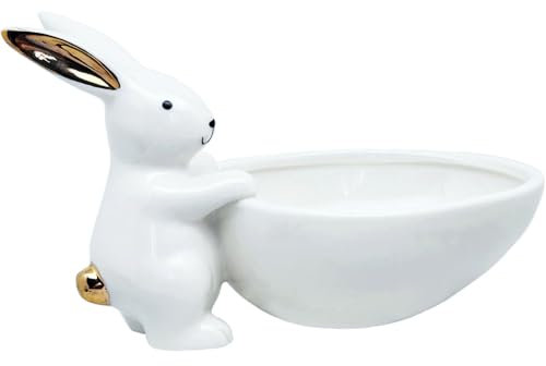 QIAOIDEA Easter Bunny Candy Dish, Porcelain White Gold Rabbit Bunny Easter Decor Figurines Candy Bowl Snack Serving Bowl Decorative Dessert Bowl Nut Dish for Easter Party Table Decoration