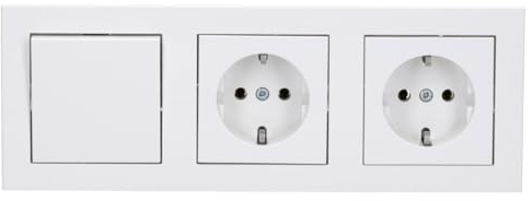Panasonic Karre Plus 55 Komplett-Set: WDTM01032NC Wechselschalter Einsatz+ WDTR00011WH Wippe + 2x WDTT03022WH SCHUKO Schutzkontakt-Steckdose + WDTF00032WH Abdeckrahmen 3-fach, reinweiß 55x55 mm