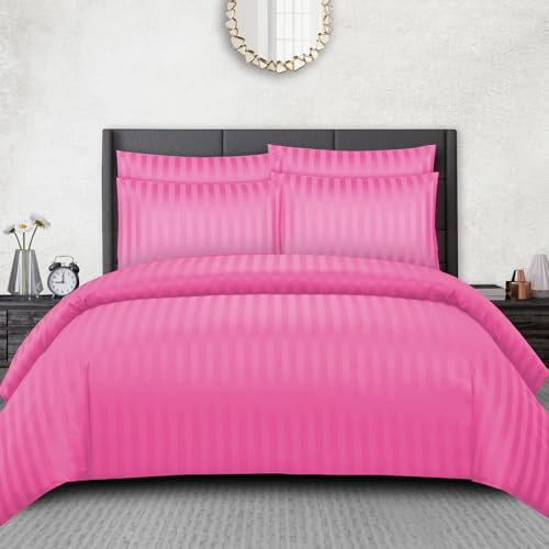 Pamposh Set di biancheria da letto con copripiumino a righe satinate, qualità alberghiera, ipoallergenico e ultra morbido in microfibra (rosa scuro, super king size (220 x 260 cm)