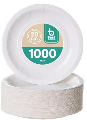 BEST PRODUCTS 1000 Platos Desechables | Cartón Ecológicos Biodegradables Compostables y Reciclables | Para Fiestas Cumpleaños Comuniones o Eventos | Redondos Llanos Ø 20 cm