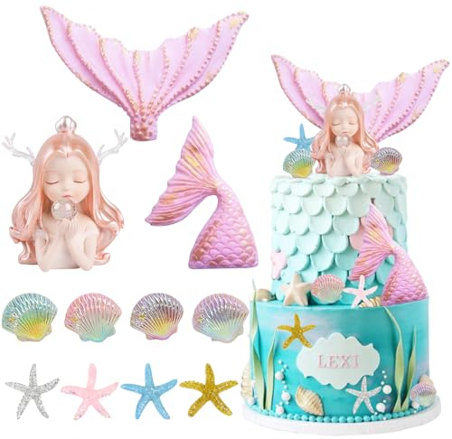BXYIIGRU Meerjungfrau Kuchen Dekoration Unterwasser Ozean Geburtstag Dekoration Rosa Ball Cake Topper Meerjungfrau Figuren Tortendeko Geburtstag für Mädchen Junge Party Torten Deko