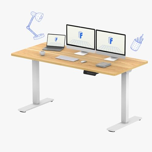 FLEXISPOT Höhenverstellbarer Schreibtisch 140x70 cm-mit 2 starken Motoren-Stabiler Schreibtisch Höhenverstellbar Elektrisch-Standing Desk mit Memory-Funktion(weiß+ahorn)