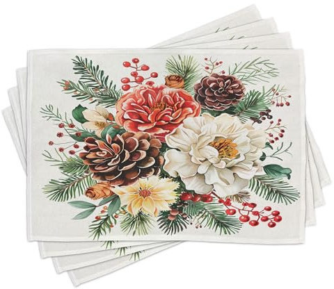 ABAKUHAUS Platzmatten, Vintage Weihnachtsornament Druck, Waschbare Stoff Esszimmer Küche Tischdekorations Digitaldruck, Korallenrot Braun Kokosnuss