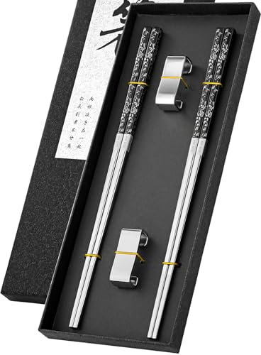 FOFAYU Metal Reusable Chopsticks 2 Pairs Titanium Plated Stainless Steel Chopsticks with Holder, Dishwasher Safe Non-Slip Japanese Style Chop Sticks Present Set (Black Silver)