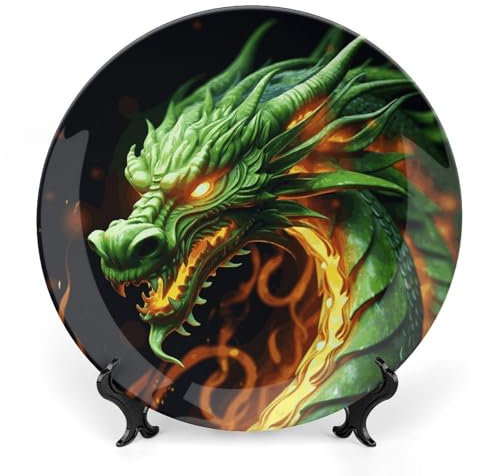 GFLFMXZW Assiette décorative en porcelaine anglaise avec support de présentation, assiettes décoratives rondes en céramique motif dragon chinois, assiette à dîner en céramique, artisanat d'art,