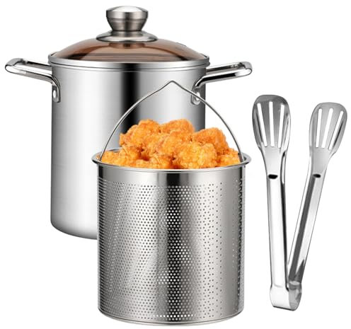 Mini Deep Fryer 3.2 Quart Deep Fryer with Basket, Lid and Tongs Stainless Steel Stock Pot for Pasta Kitchen