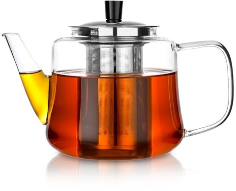 Glass teapot with infuser, Ehugos 1000ml(33oz) Stovetop Safe Hand Crafted Clear Glass Teapot with Removable Infuser for Loose Leaf Tea and Blooming Tea