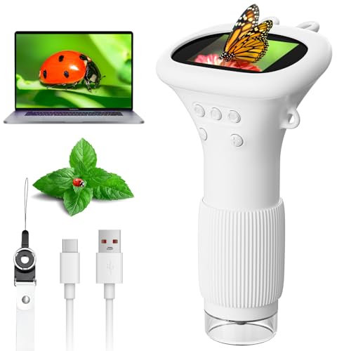 Ahalfcit Microscopio Digital,Microscopio Infantil,Microscopio Electrónico,Cámara con Zoom 1000x y Pantalla de 2 Pulgadas,Regalo de Cumpleaños para 3-12 Años,Juguetes Educativos de Ciencia(Blanco)