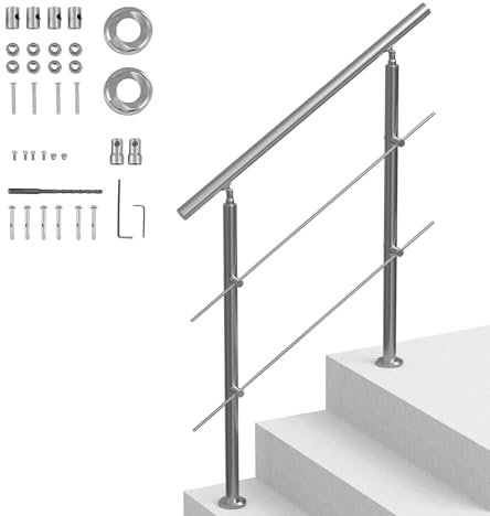 VEVOR Pasamanos de Escalera 100 cm Barandilla de Escalera para Escalones Exteriores de Acero Inoxidable 2 Travesaños con Kit de Instalación Barra de Agarre para Personas Mayores, Porche, Patio
