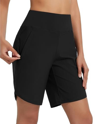 baleaf Damen 9 Badeshorts lang Schwimmen Boardshorts Reißverschlusstaschen Badehose Schnell Trocknend Schwimmhose UPF50+ UVA Bermudashorts Knielang Schwarz L
