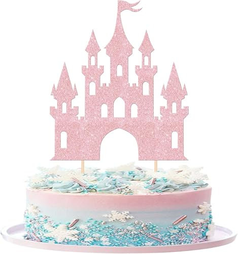 1 Stück Schloss Tortendeko Glitzer Prinzessin Geburtstag Kuchen Deko Schloß Cake Topper für Prinzessin Schloss Thema Baby Dusche Hochzeit Geburtstag Party Kuchen Dekorationen Hellrosa