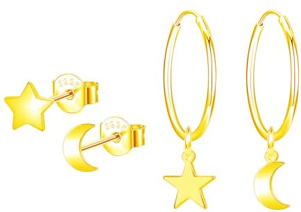 Hinvan 2 Pairs Set 18K Gold Ohrringe für Damen Herren Kinder Mädchen Stern Ohrstecker Mond Stern Ohrringe Sterne Mond Ohrringe Hängend Gold Creolen Kleine Piercing