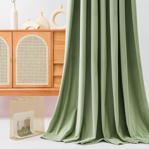MYRU Nordic Velvet Curtains - Light-filtering Eyelet Curtains in Green Luxury Fabric for Bedroom and Living Room (Pale Green, 2 x 66x90 Inch, 460GSM Velvet)