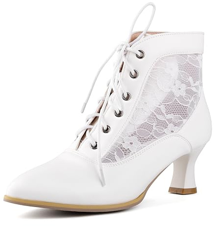ErikenUrben Donna Vintage Victorian Stivali Pizzo Bridal Sposa Polacchine Chiuse Davanti Tacco Gattino Mesh Granny Stivalettis White Numero 41