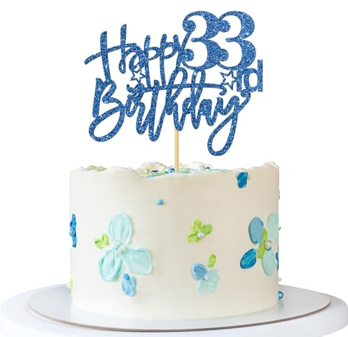Happy 33rd Birthday Cake Topper - Adult Girl Boy 33 Years Old Birthday Cake Supplies - 33rd Birthday Party Decorations - Blue Glitter