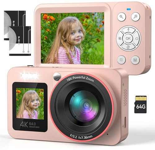4K 64MP FHD Appareil Photo Numérique 18X Zoom Digital Camera Appareil Photo Compact Portable avec 2 Écran Carte SD de 64 Go pour Étudiant Débutant Cadeau, Rose