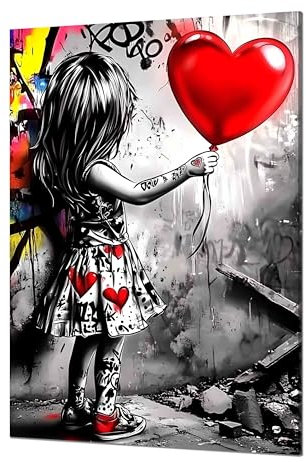 Kunstbruder© Wandbilder Banksy Gross hochkant Schlafzimmer Home Deko Wohnung Bild Wohnzimmer Bilder Leinwand Graffiti kunstdruck - Bunt gemälde (MädchenMitHerzballon, 80x120 cm)