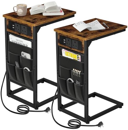 AMHANCIBLE C-Shaped Side Table, Bedside Table Set of 2 with Charging Station, End Table with Cloth Storage Bag, Sofa Table for Small Spaces, Coffee Table for Living Room,Bedroom, Brown HET04CBR