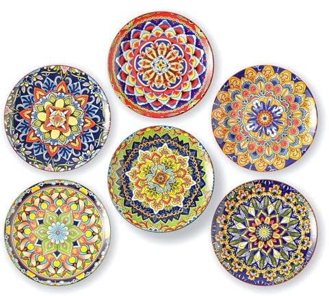 AHX Colorful Ceramic Plate Set of 6 – 8.7 Inch Bohemian Porcelain Plates for Serving Dessert, Appetizer and Salad – Microwave and Dishwasher Safe - Perfect for Party, Daily Meals and Gift Occasions