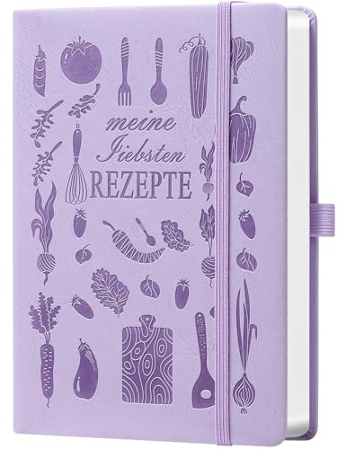 Rezeptbuch A5 zum Selberschreiben – Meine Lieblingsrezepte – DIY Koch- & Backbuch zum Ausfüllen – Hellviolettes Küchen-Design, 120g Papier (14,5 x 21cm) – Ideal zum Verschenken an Kochliebhaber