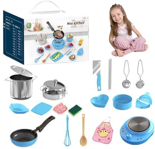 22Pcs Children's Cooking Mini Kitchen Toys,Kids Kitchen Set, Food-Grade Stainless Steel Kids Cooking Sets,Kids Real easy Bake Cook Set, Cooking Play Pots,Pans,Accessories,Tool (Blue)