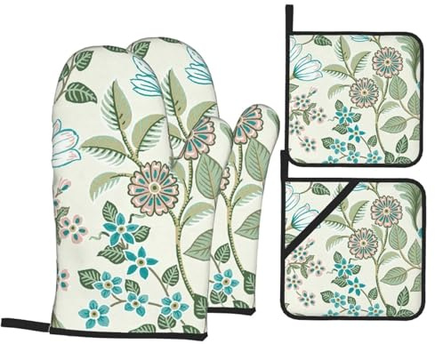 Juego de guantes de cocina y soportes para ollas, resistentes al agua, diseño de flor verde